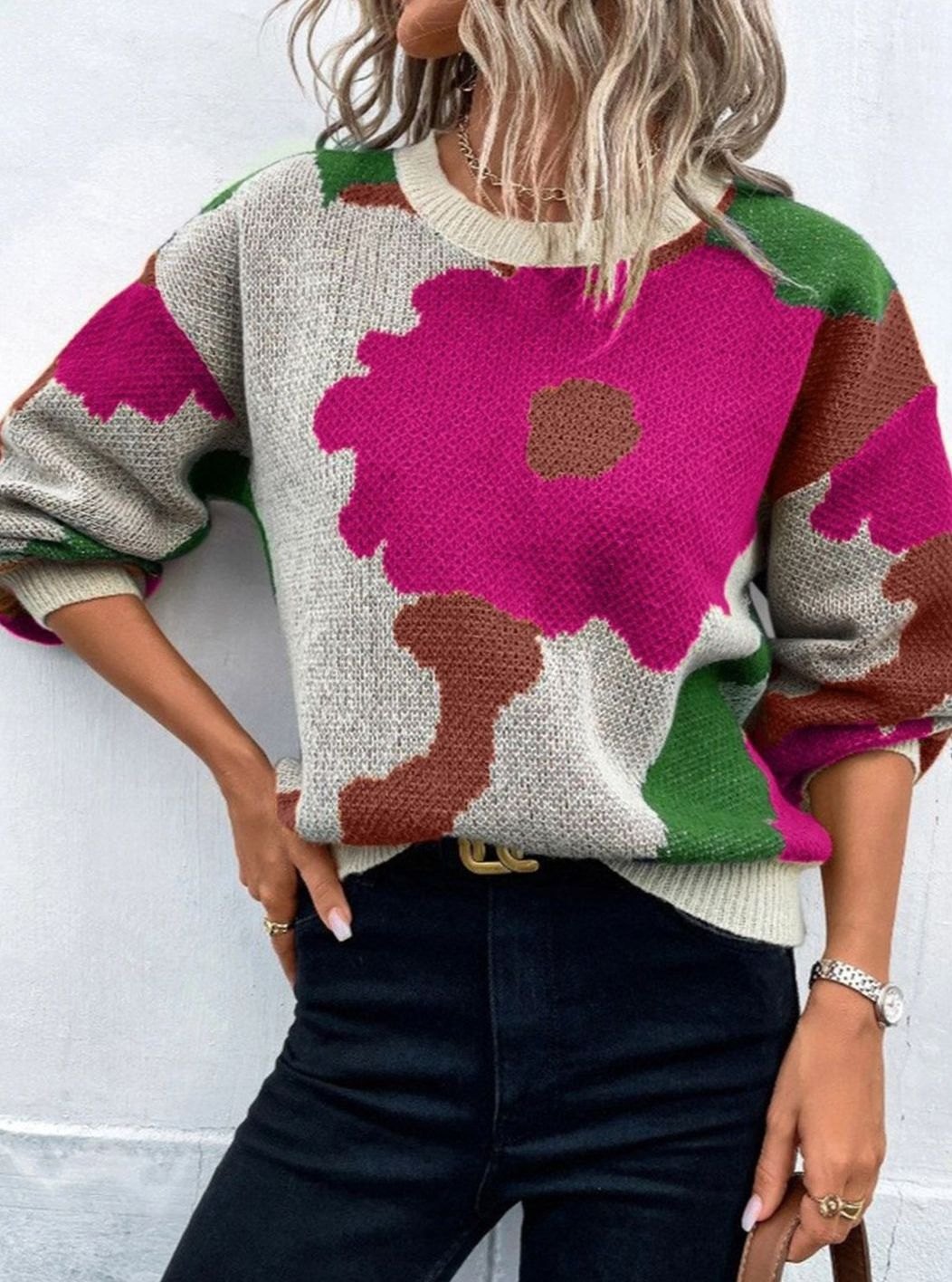 Pull Femme Fleuri en Maille Jacquard, Coupe Ample et Confortable
