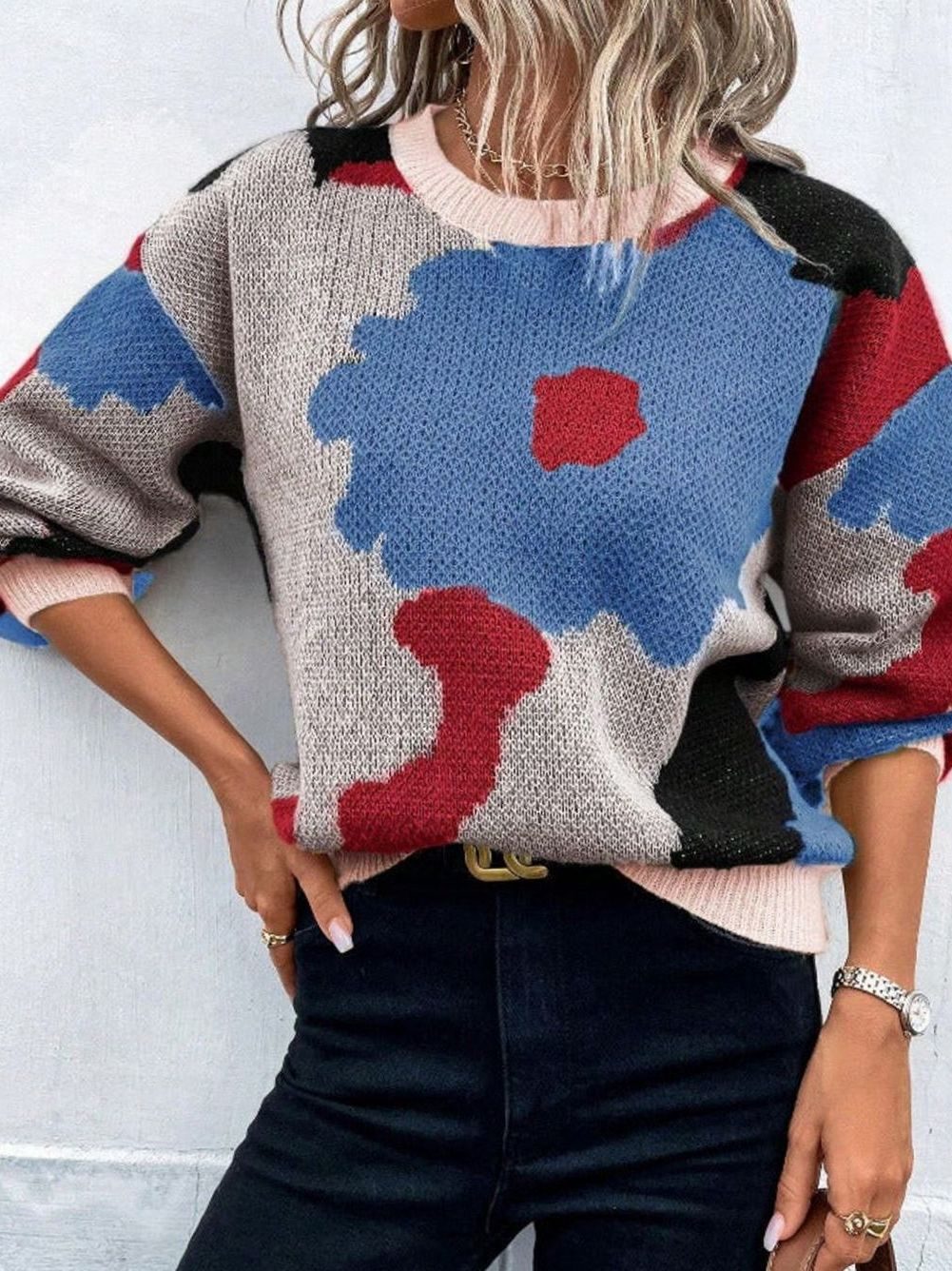 Pull Femme Fleuri en Maille Jacquard, Coupe Ample et Confortable