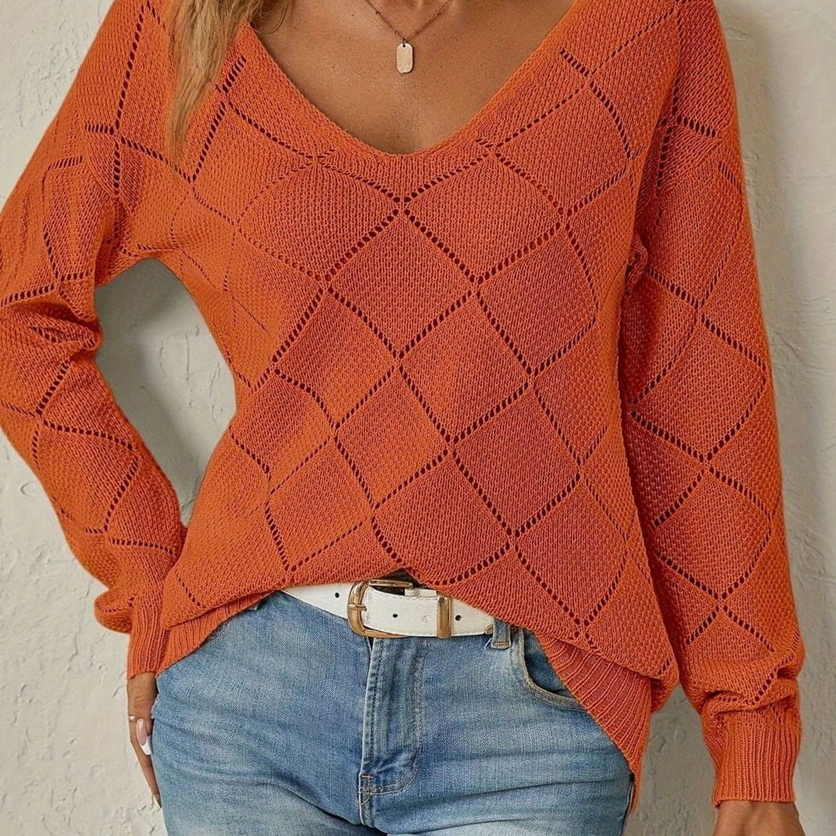 Pull Femme Col V Maille Ajourée Losange Manches Longues