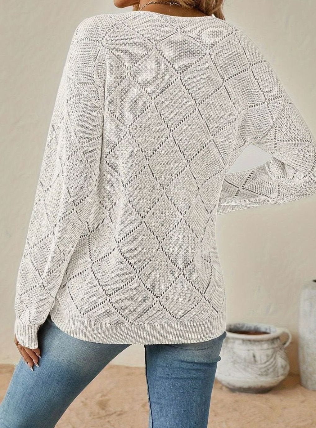 Pull Femme Col V Maille Ajourée Losange Manches Longues