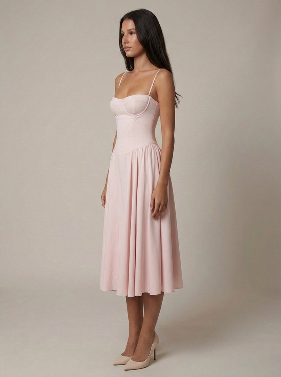 Pale pink sweetheart neckline corset midi dress side view