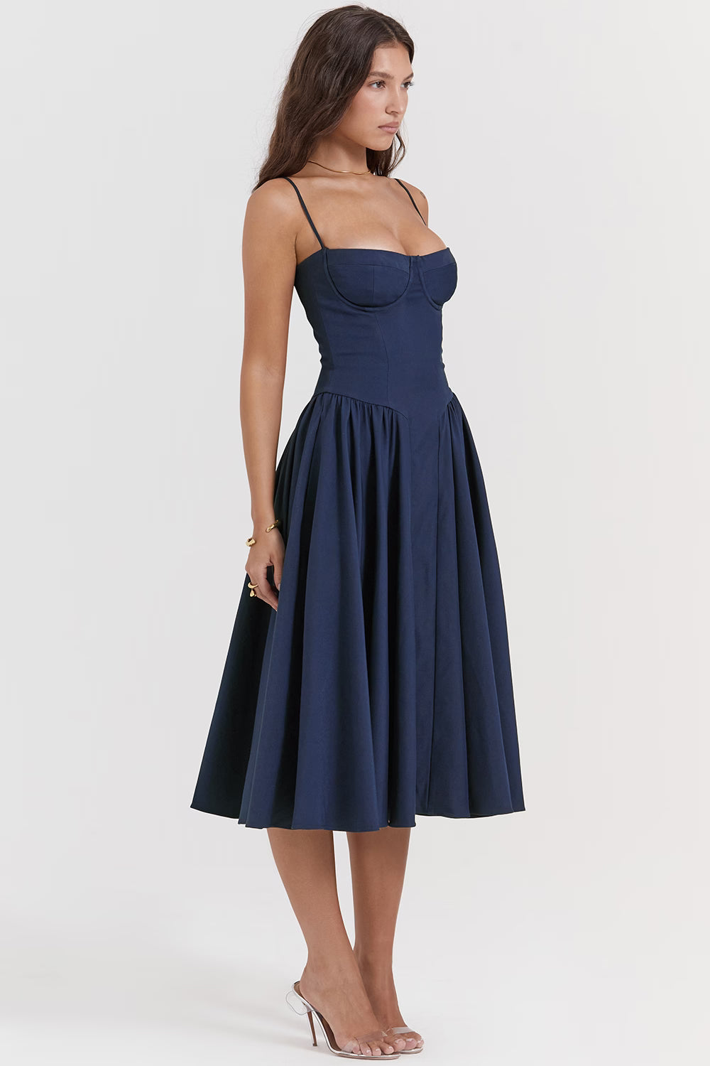 Navy sweetheart corset midi dress side profile view