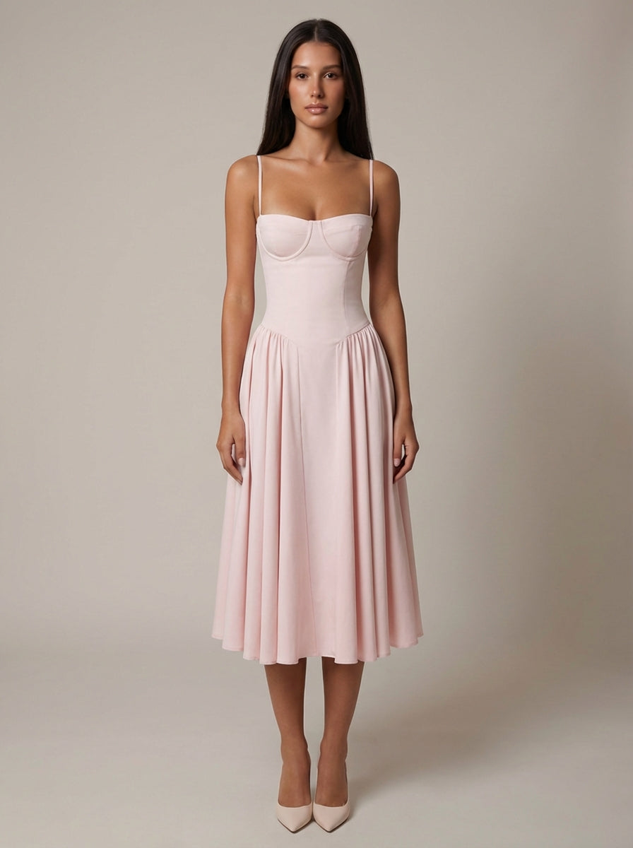 Blush pink sweetheart corset midi dress with spaghetti straps and full skirt