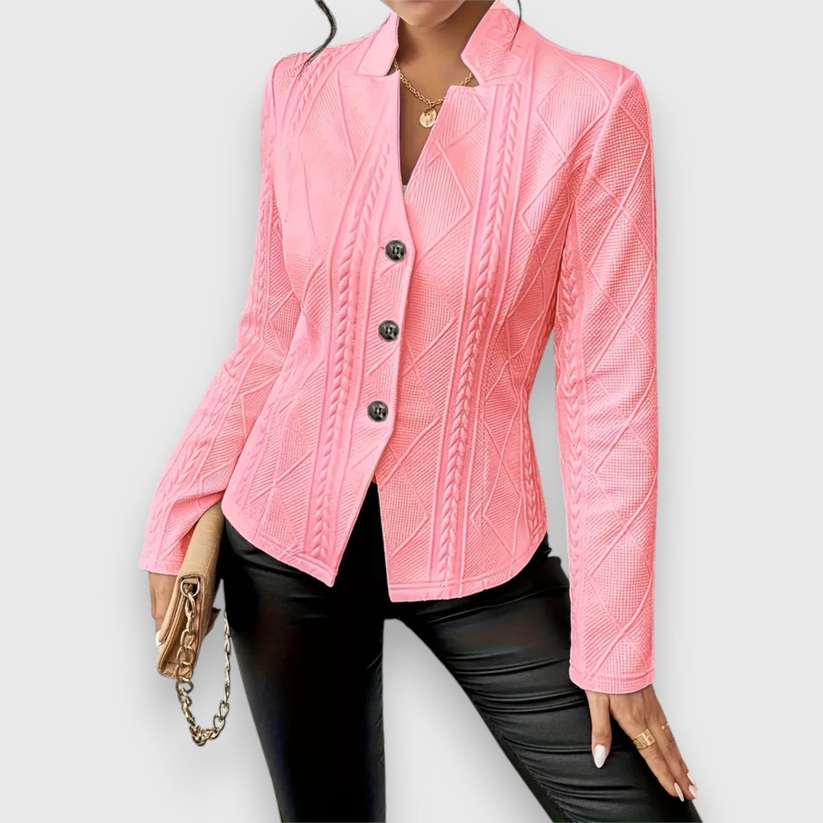 Scarlett women's cable-knit mock-neck long-sleeve fitted sweater by Christine Brewer, showcasing the textured knit and snug fit.