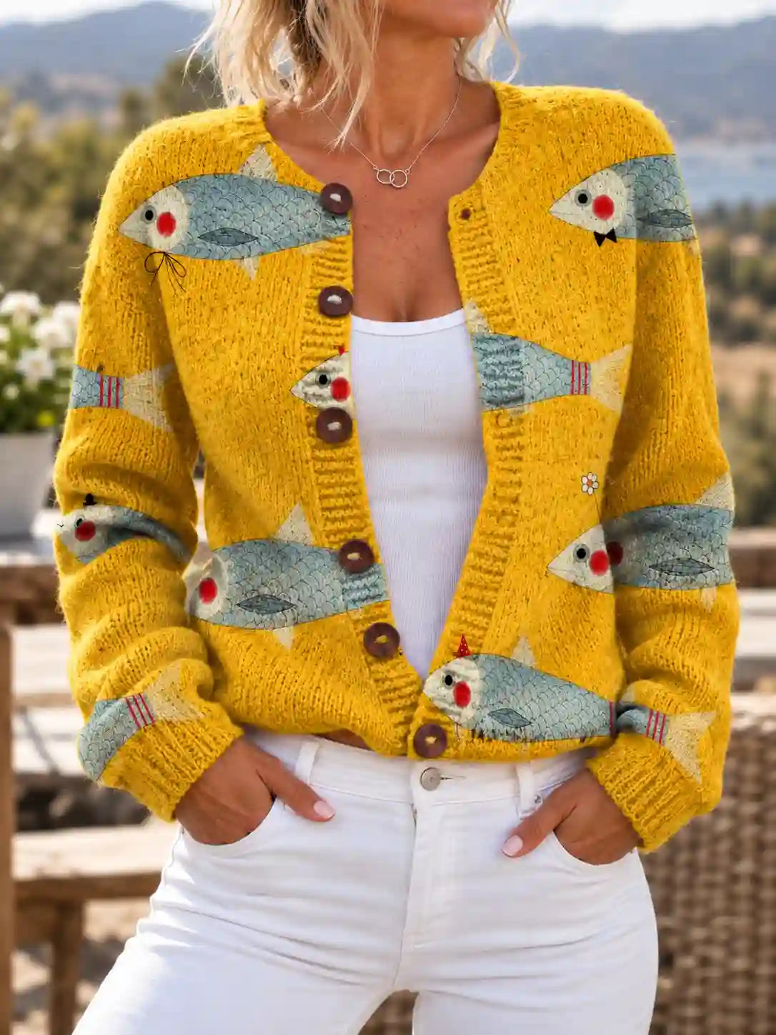 Gilet Femme Imprimé Poisson Boutonné Poignets Côtelés