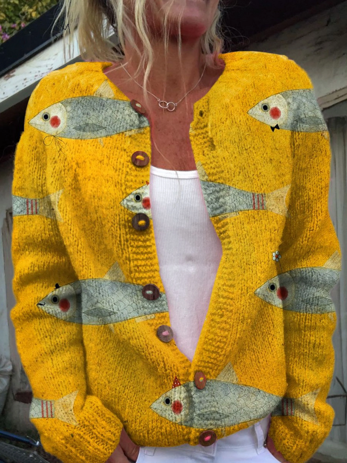 Gilet Femme Imprimé Poisson Boutonné Poignets Côtelés