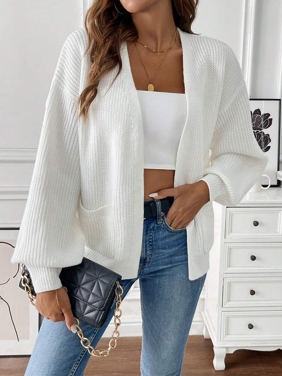 Gilet Femme Ouvert Texture Côtelée Poches Plaquées
