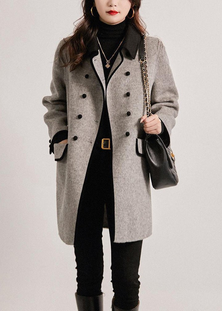 Manteau Femme en Laine Croisé Double Boutonnage Col Contrasté