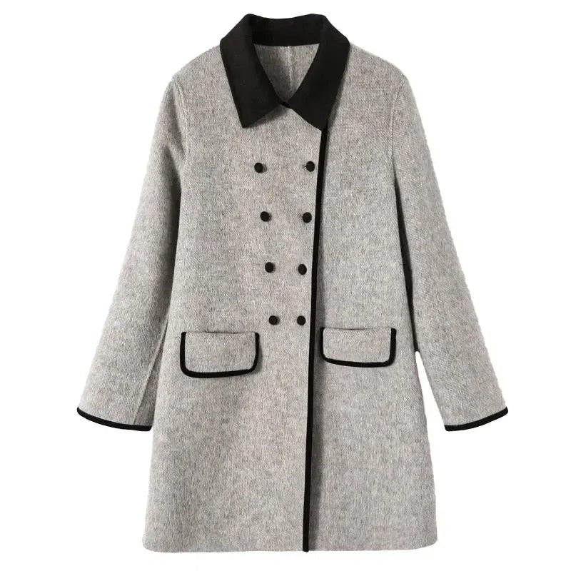 Manteau Femme en Laine Croisé Double Boutonnage Col Contrasté