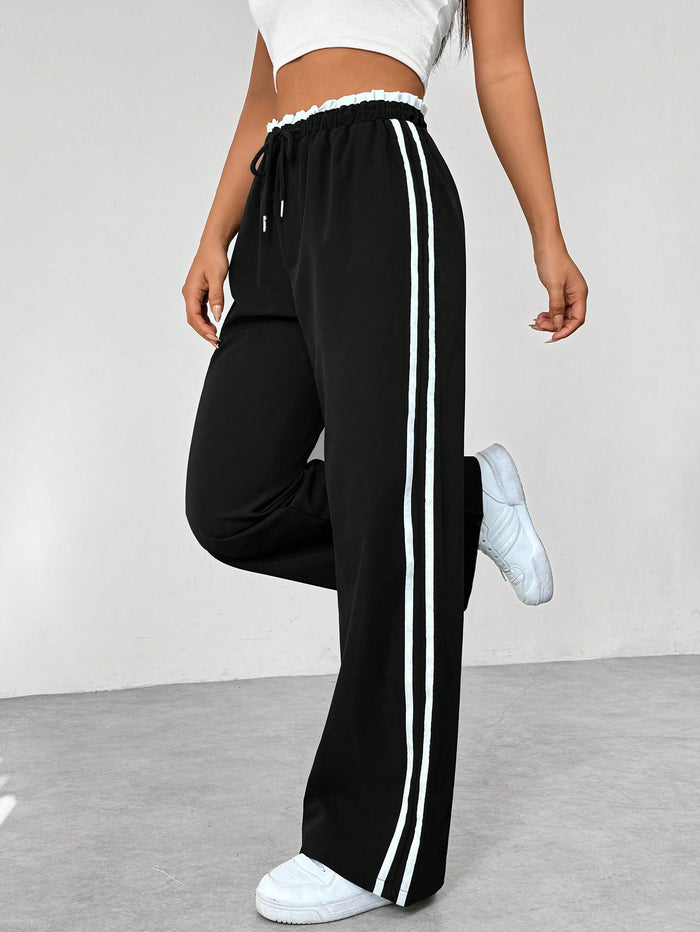 Jogging Femme Taille Haute à Bandes Contrastées - Pantalon de Sport Décontracté