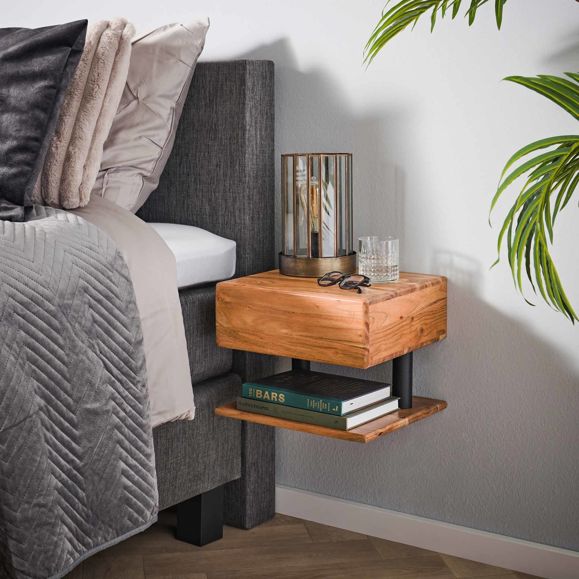 Floating Nightstand – Acacia Wood with Drawer and Open Shelf for Bedroom Decor